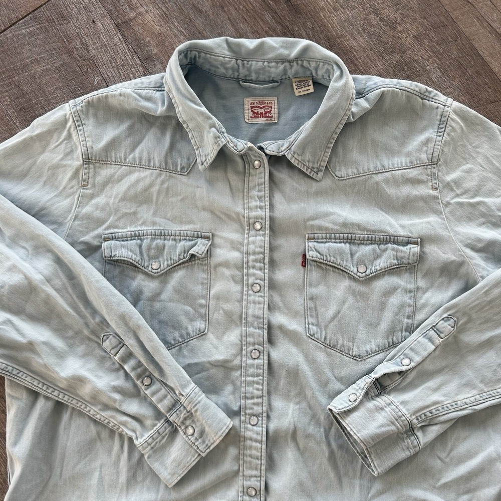 Y2K Faded Levi's Denim Pearl Snap Button Down Western Shirt XXL Yoke